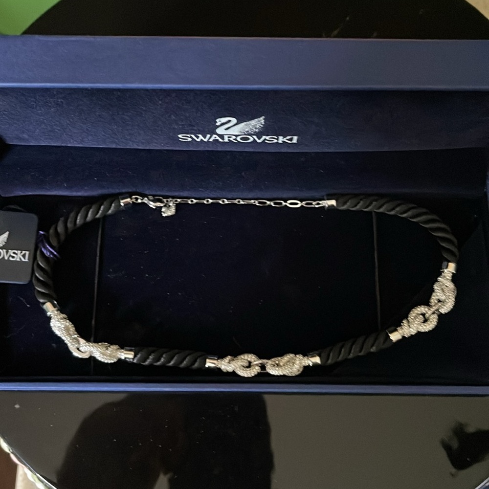 Swarovski Pave Crystal Black Cord and Silver Knot Necklace